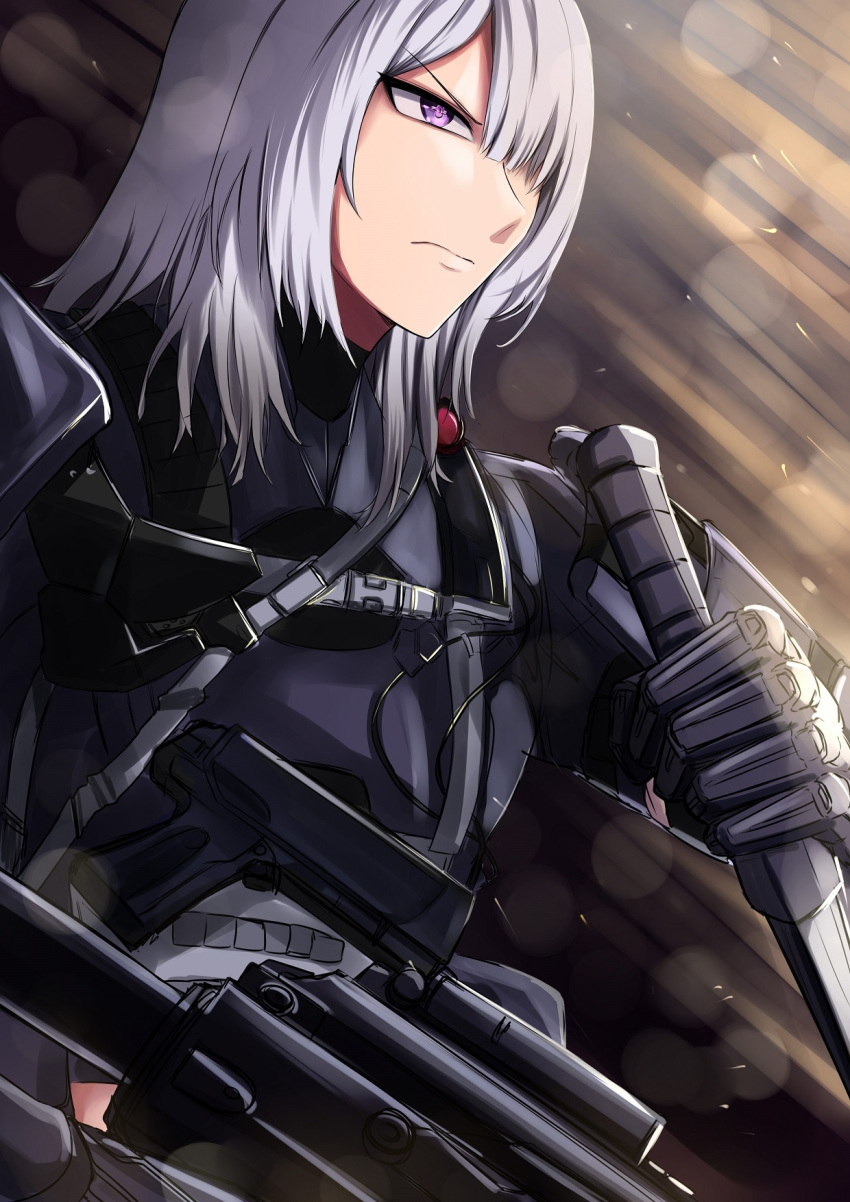 1girl ak-15 ak-15_(girls'_frontline) assault_rifle bangs blurry blurry_background closed_mouth defy_(girls'_frontline) eyebrows_visible_through_hair girls'_frontline gloves green_hair gun hair_between_eyes hair_over_one_eye harness highres holding holding_gun holding_knife holding_weapon kalashnikov_rifle knife long_hair looking_away purple_eyes reizo_ne rifle solo tactical_clothes upper_body weapon