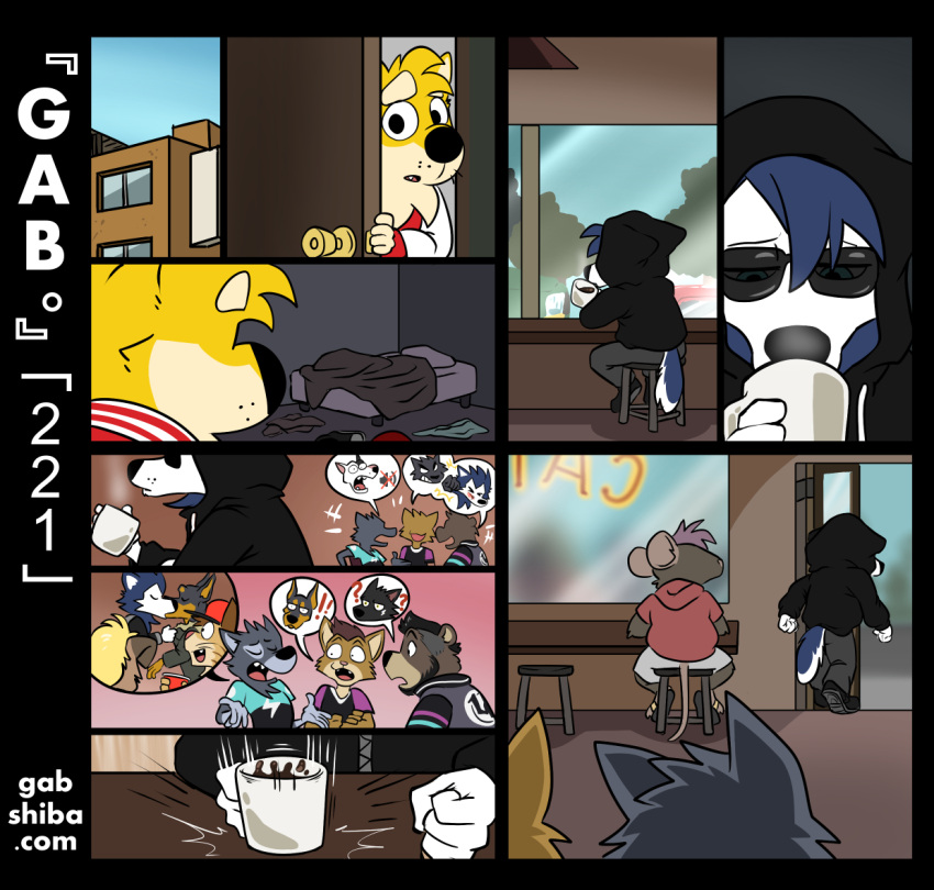 anthro bau_husky bedroom black_clothing black_hoodie black_nose black_topwear blue_body blue_fur bort_(gabshiba) cafe canid canine canis clothed clothing comic container cup disguise domestic_dog drinking drinking_coffee fur gab_(comic) gab_shiba gabshiba gossip group holding_cup holding_object hoodie husky impact_emanata inside karl_doberman leaving male mammal mouse murid murine nordic_sled_dog opening_door pictographics pit_bullterrier rodent shiba_inu sitting_on_stool solo speech_bubble spitz text topwear url ursid wearing_sunglasses white_body white_fur yellow_body yellow_fur