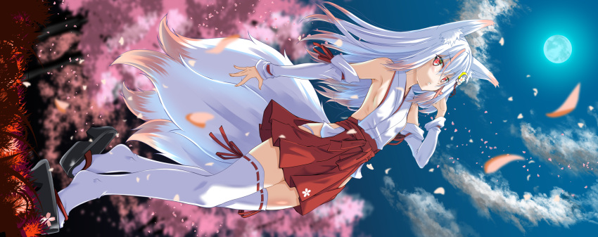 1girl animal_ears bangs breasts cherry_blossoms detached_sleeves fox_ears fox_girl fox_tail full_moon fumihiro hakama hakama_skirt highres hip_vent japanese_clothes long_hair looking_at_viewer miko moon multicolored_hair multiple_tails night original panties petals red_eyes red_hakama ribbon-trimmed_sleeves ribbon_trim skirt small_breasts solo tail thighhighs two-tone_hair underwear white_hair white_legwear white_panties wind