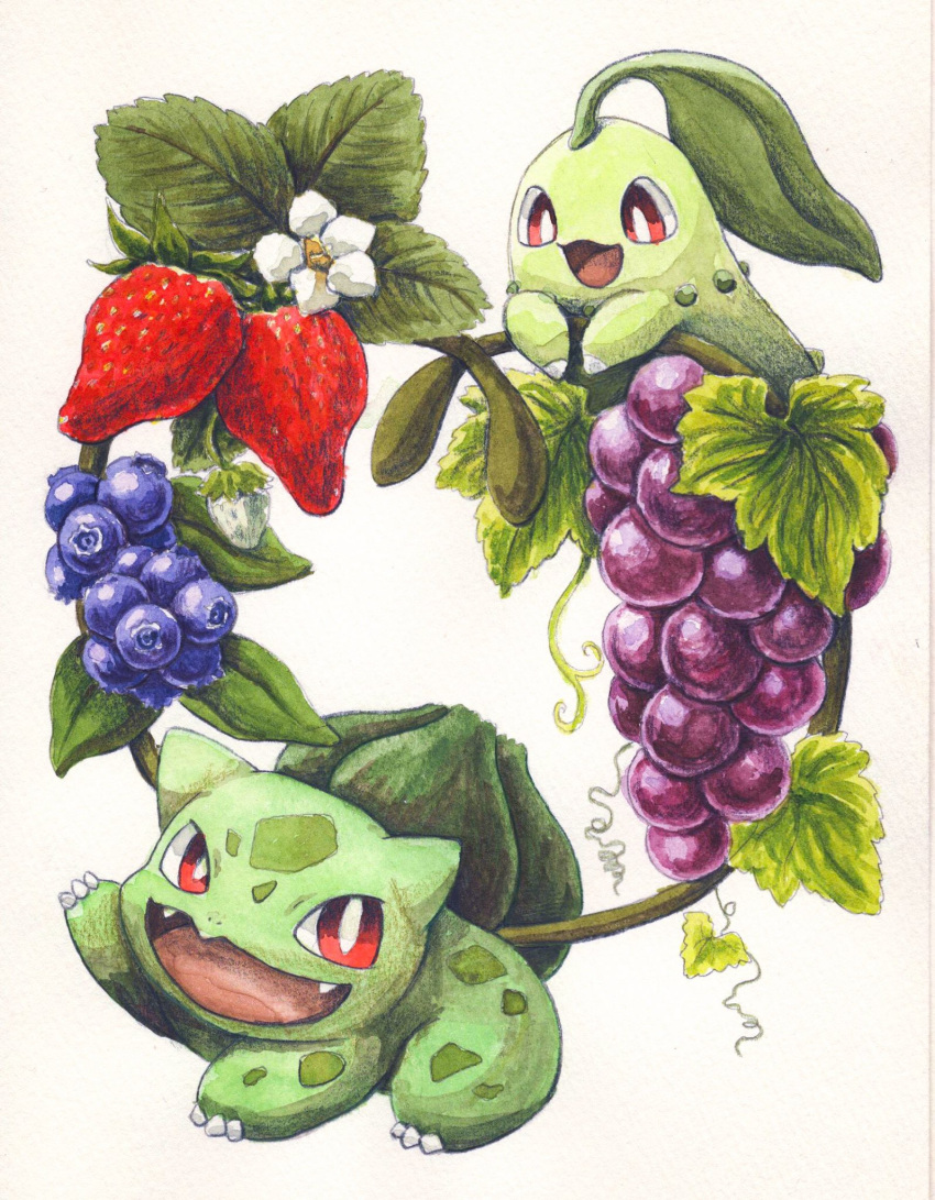 :d blueberry bulbasaur chikorita commentary fangs food fruit grapes highres leaf looking_at_another misonikomiii no_humans nostrils open_mouth plant pokemon pokemon_(creature) pokemon_(game) pokemon_hgss red_eyes sharp_teeth simple_background smile strawberry teeth white_background