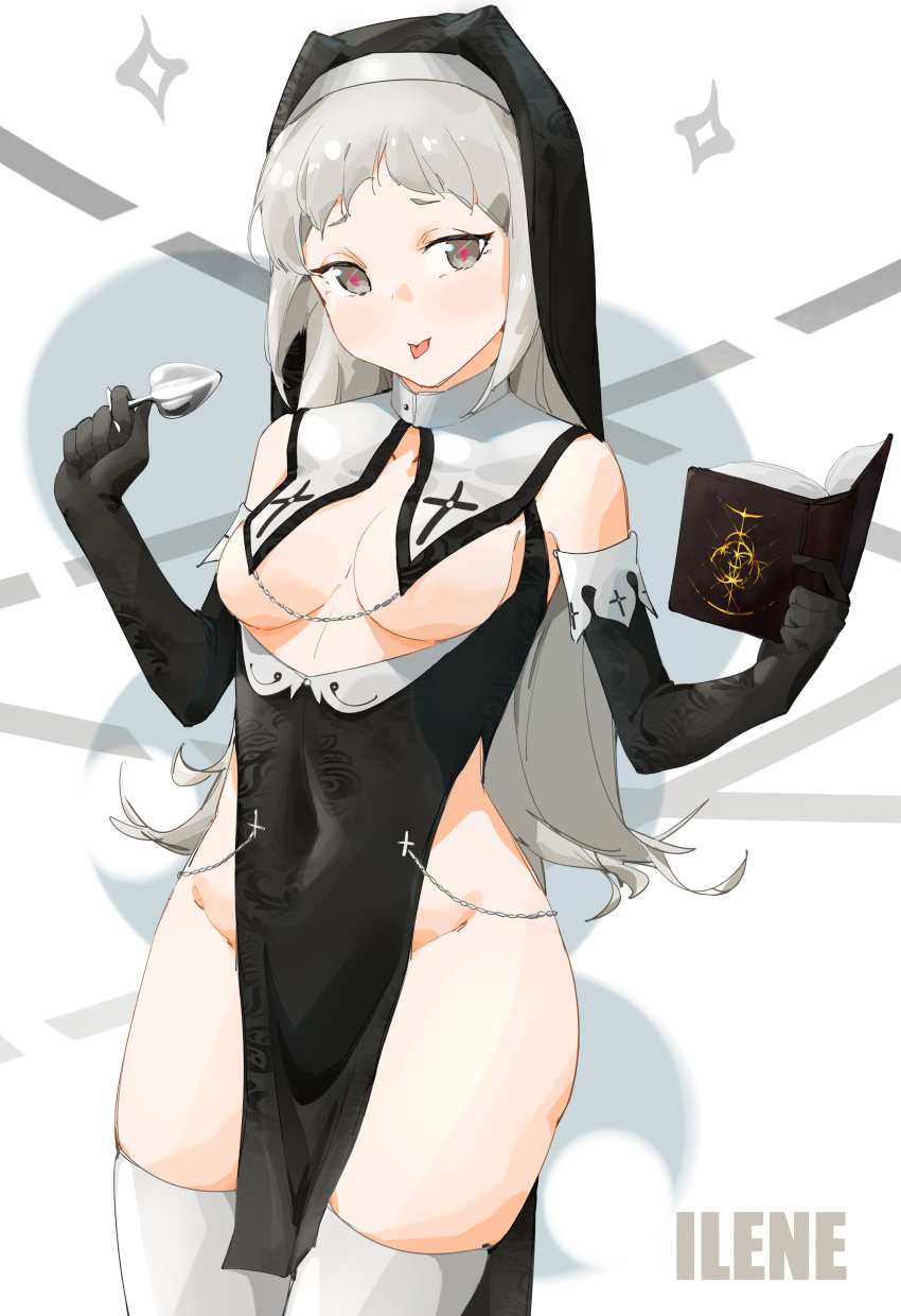 1girl :p absurdres arknights black_dress black_gloves book breastless_clothes breasts butt_plug chain character_name covered_navel cowboy_shot dress elbow_gloves gloves grey_background grey_eyes grey_hair groin habit highres holding holding_book irene_(arknights) long_hair looking_at_viewer medium_breasts nun open_book pelvic_curtain red_pupils revealing_clothes sex_toy shin_maboroshi simple_background solo thighhighs tongue tongue_out typo white_legwear