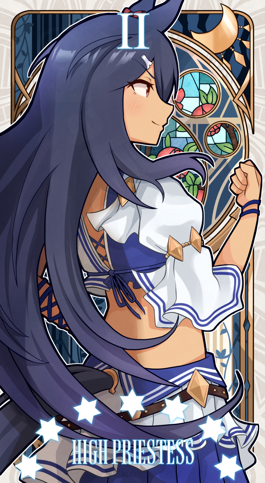 1girl absurdres animal_ears bangs black_hair blue_skirt blush brown_eyes clenched_hand closed_mouth commentary_request crescent crop_top dark-skinned_female dark_skin discharge_mochi eyebrows_visible_through_hair from_behind hair_between_eyes hair_ornament hairclip hand_up highres hishi_amazon_(umamusume) horse_ears horse_girl horse_tail long_hair looking_away midriff pleated_skirt profile puffy_short_sleeves puffy_sleeves roman_numeral shirt short_sleeves skirt smile solo tail tarot the_high_priestess_(tarot) umamusume v-shaped_eyebrows very_long_hair white_shirt