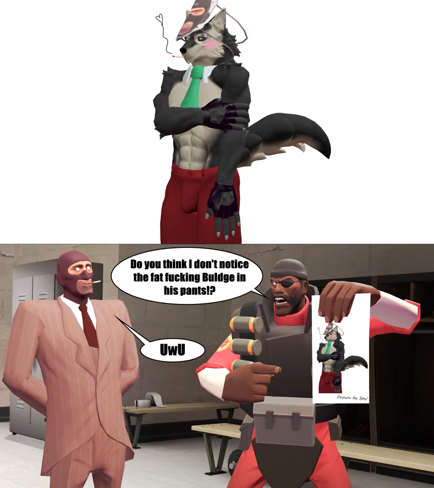 3d_(artwork) absurd_res anthro blue_eyes blush canid canine canis demoman_(team_fortress_2) dialogue digital_media_(artwork) erection garry's_mod hi_res human male mammal mask mr-wolfapex necktie parody smoking spy_(team_fortress_2) team_fortress_2 uwu valve video_games wolf