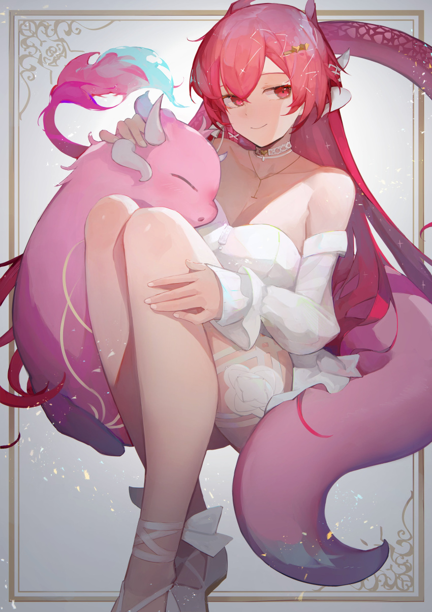 1girl absurdres anniversary bare_shoulders bow breasts choker cloud9 dragon_girl dragon_horns dragon_tail dress hair_between_eyes hair_ornament hairclip highres horns jewelry long_hair long_sleeves looking_at_viewer multiple_horns necklace pink_eyes pink_hair sitting smile solo strapless strapless_dress tail thigh_strap tsunodriller vienna_(vtuber)