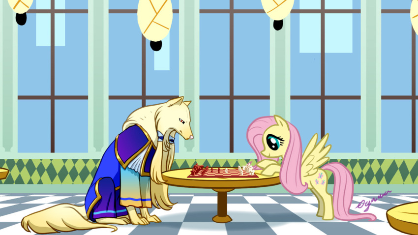 arofa_nahmat arofatamahn canid canine chess chessboard clothing concentrating concentration cutie_mark duo equid equine female feral fluttershy_(mlp) friendship_is_magic furniture hasbro lamp lantern mammal my_little_pony narrowed_eyes pegasus red_eyes sitting smile spread_wings table window wings