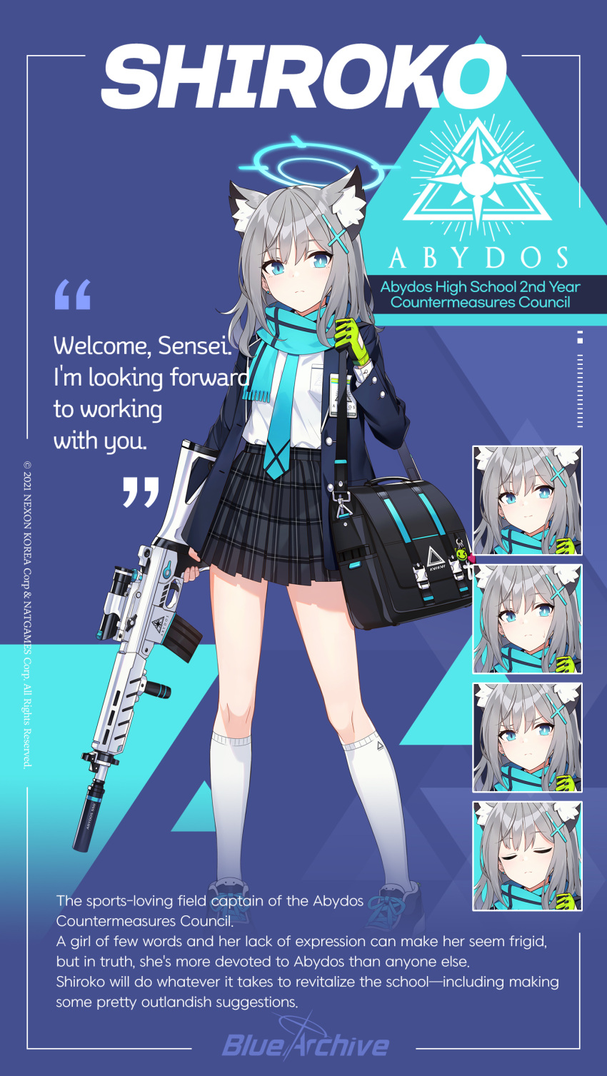 1girl absurdres animal_ears assault_rifle bag blue_archive blue_scarf cat_ears character_name character_sheet commentary cross gloves green_gloves grey_hair grip gun hair_ornament hairclip halo highres hwansang latin_cross magazine_(weapon) mismatched_pupils necktie official_art pleated_skirt rifle scarf school_bag school_uniform shiroko_(blue_archive) shoes sig_sauer sig_sauer_556 skirt sneakers socks solo trigger_discipline weapon