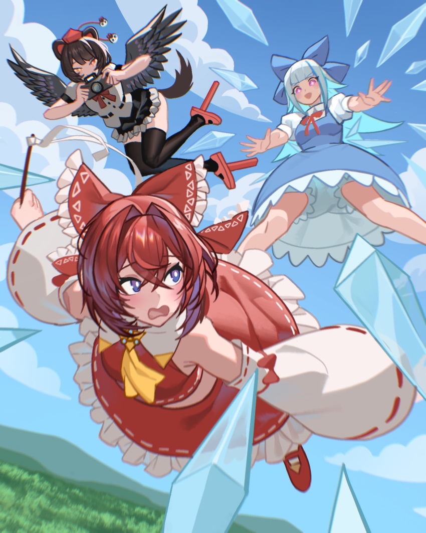 3girls ange_katrina animal_ears bangs black_legwear black_skirt bloomers blue_dress blue_eyes blue_hair brown_eyes camera cirno cirno_(cosplay) cloud cosplay detached_sleeves dog_ears dog_girl dress flying gohei hakurei_reimu hakurei_reimu_(cosplay) heterochromia highres holding holding_camera ice inui_toko lize_helesta looking_back mountainous_horizon multicolored_hair multiple_girls nijisanji open_hands open_mouth purple_eyes red_eyes red_skirt shameimaru_aya shameimaru_aya_(cosplay) skirt sky streaked_hair theamazingspino thighhighs touhou underwear virtual_youtuber white_bloomers white_hair wings