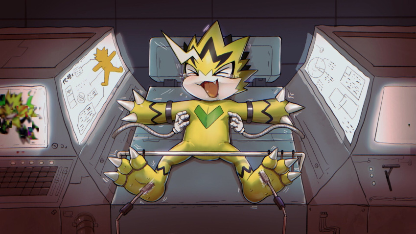 anthro bandai_namco blush bodily_fluids crying_laughing digimon digimon_(species) hi_res laugh machine pulsemon shiron_(pixiv) solo tears tickle_fetish tickle_torture tickling tickling_armpits tickling_feet yellow_body