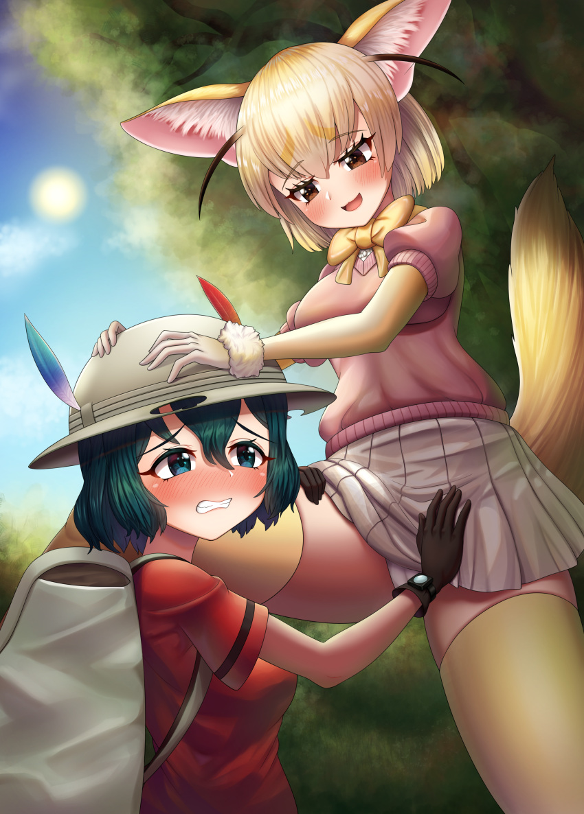 2girls absurdres animal_ear_fluff animal_ears aqua_eyes backpack bag bangs bare_arms black_hair blonde_hair bow bowtie brown_eyes cameltoe clenched_teeth commission day eyebrows_visible_through_hair eyelashes femdom fennec_(kemono_friends) forced fox_ears fox_girl fox_tail fur-trimmed_sleeves fur_trim furrowed_brow gloves green_hair hair_between_eyes hand_on_another's_thigh hands_on_another's_head hands_up hat_feather helmet highres kaban_(kemono_friends) kemono_friends layered_sleeves long_sleeves medium_hair microskirt multicolored_hair multiple_girls neukkom open_mouth outdoors panties pink_sweater pith_helmet pleated_skirt red_shirt shirt short-sleeved_sweater short_over_long_sleeves short_sleeves skirt sky smile spread_legs struggling sun sweater tail teeth thighhighs underwear white_panties white_skirt yellow_bow yellow_bowtie yuri