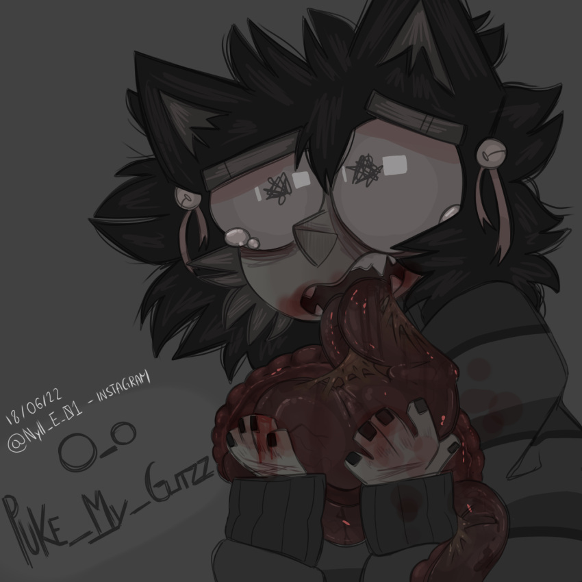 bell black_hair black_nails blood bodily_fluids cat_ear clothing colored_nails fangs female gore hair hi_res human inked_reel mammal nails organs ribbons scared solo sweater topwear