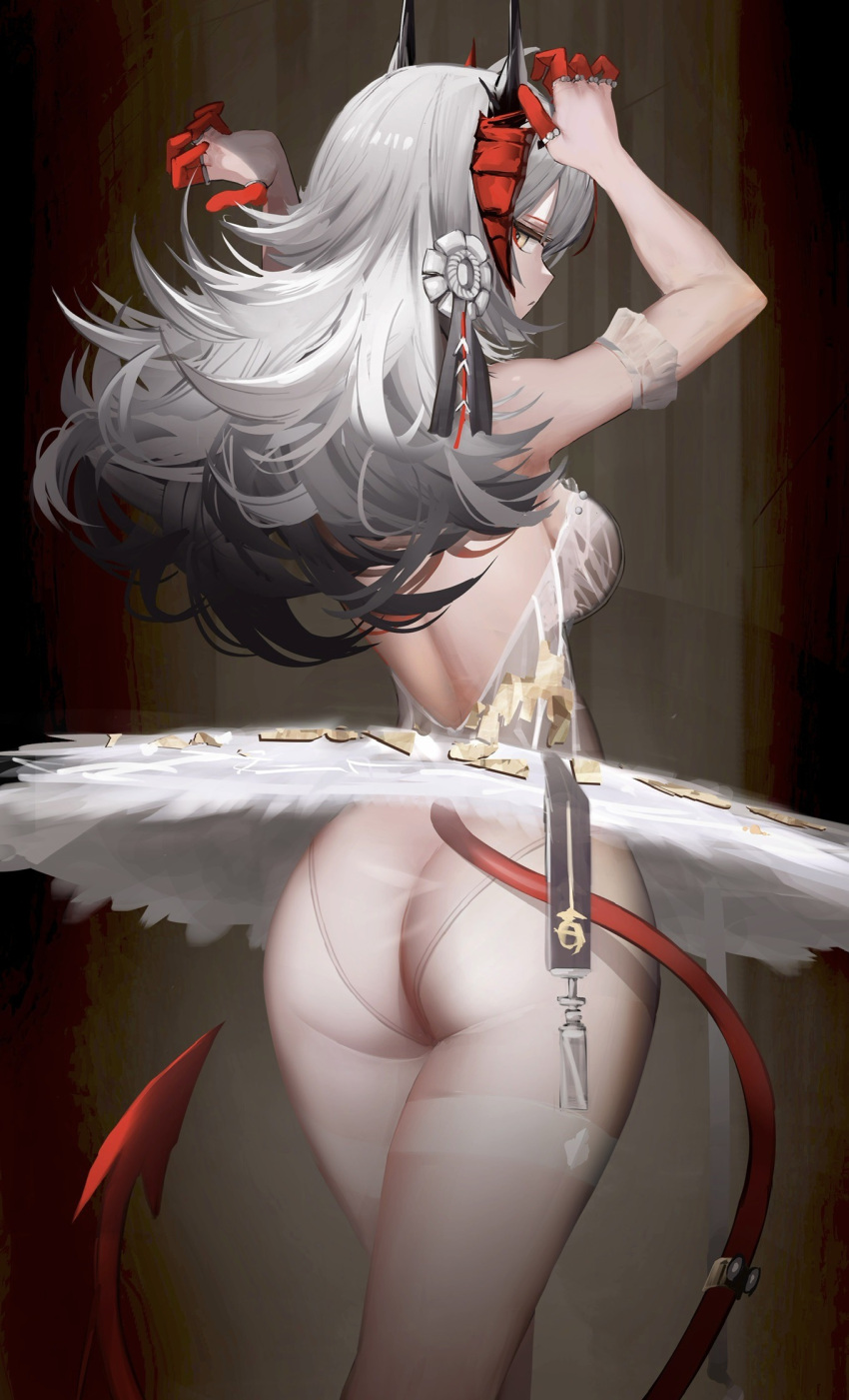 1girl arigiep arknights arm_garter arms_up ass back backless_dress backless_outfit ballerina bangs breasts clothes_lift cowboy_shot demon_horns demon_tail dress dress_lift finger_cots from_behind gloves highres horns long_hair looking_at_viewer looking_back medium_breasts multicolored_hair panties panties_under_pantyhose pantyhose red_gloves see-through see-through_dress short_dress solo strapless strapless_dress tail thighband_pantyhose tutu two-tone_hair underwear w_(arknights) white_hair white_legwear