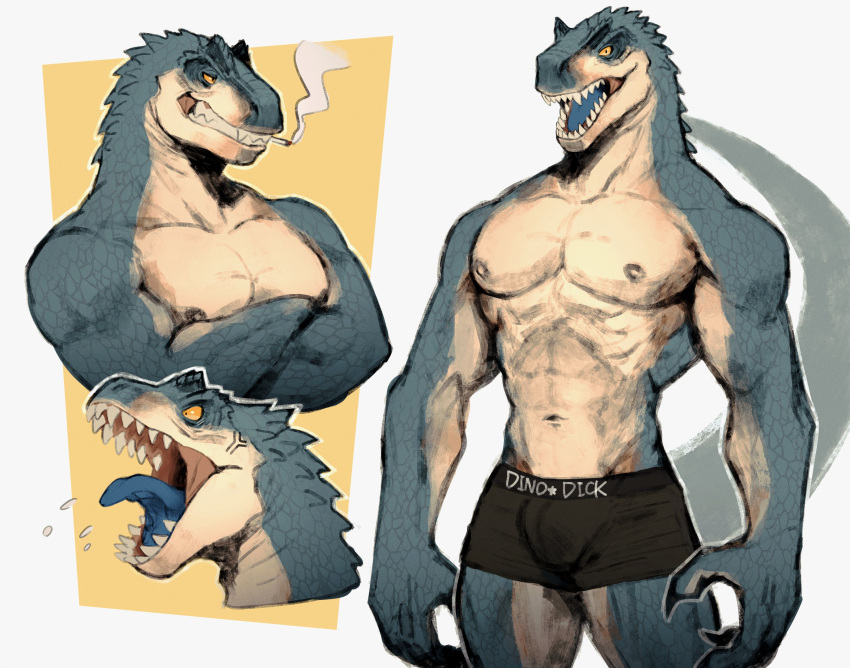 2022 absurd_res allosaurid allosaurus angry anthro biped blue_tongue bulge claws clothing cross-popping_vein digital_media_(artwork) dinosaur finger_claws green_body green_scales hi_res k0bit0wani male muscular muscular_anthro muscular_male navel nipples non-mammal_navel non-mammal_nipples open_mouth orange_eyes pecs reptile scales scalie sharp_teeth simple_background smoking tan_body tan_scales teeth theropod tongue underwear white_background yellow_background
