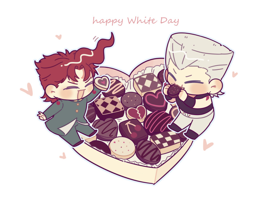 2boys :3 :d arm_up asymmetrical_bangs bangs blush box box_of_chocolates cherry_earrings chibi chocolate closed_eyes coat earrings eating english_text flattop food food-themed_earrings gakuran happy happy_white_day heart heart-shaped_box heart_earrings highres holding holding_chocolate holding_food huayv666 jean_pierre_polnareff jewelry jojo_no_kimyou_na_bouken kakyoin_noriaki long_hair male_focus multiple_boys open_mouth parted_bangs red_hair school_uniform smile stardust_crusaders v-shaped_eyebrows white_hair