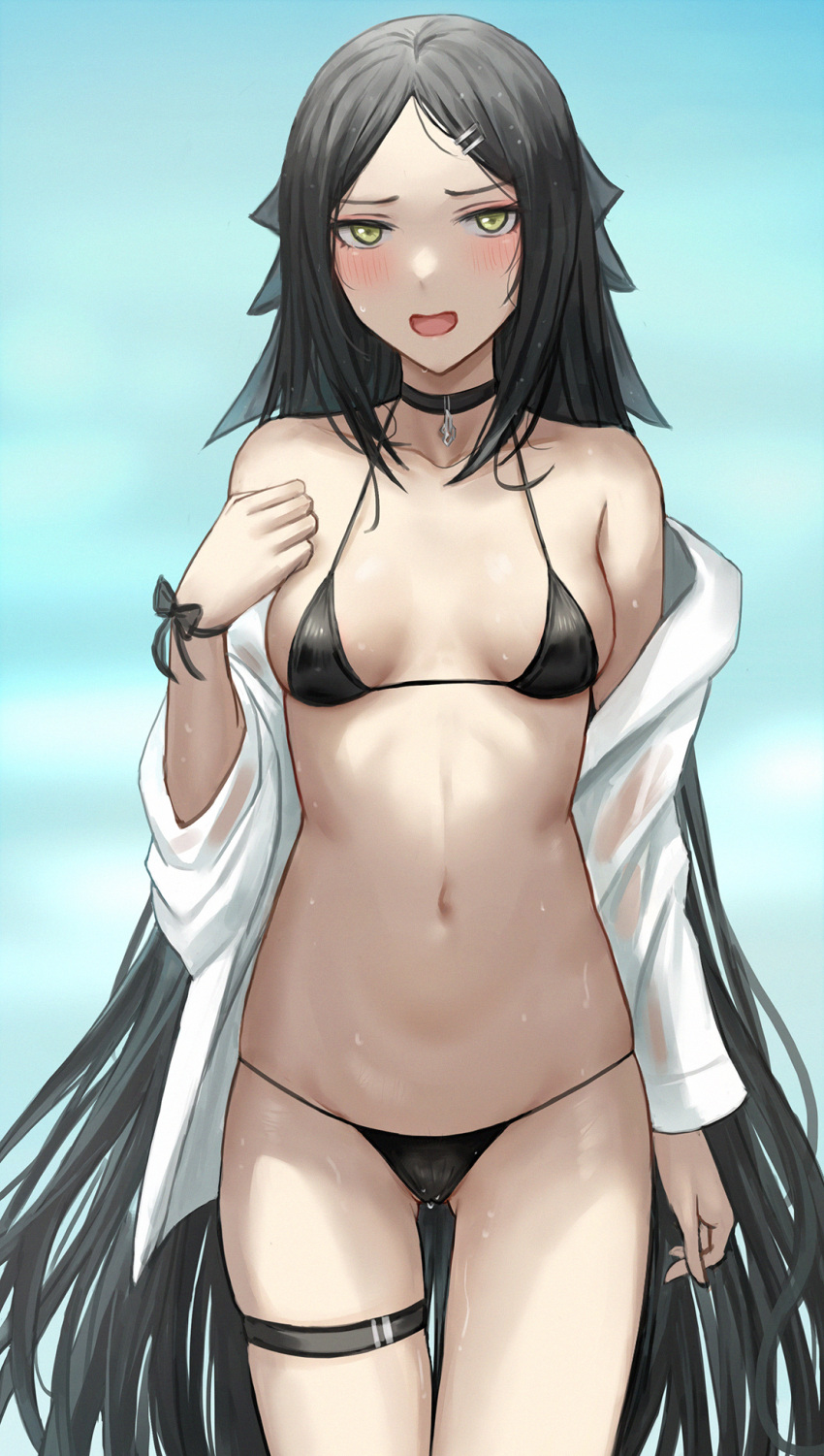 1girl bare_shoulders bikini black_bikini black_choker black_hair blush breasts choker cowboy_shot dreamer_(girls'_frontline) girls'_frontline hair_ornament hairclip highres long_sleeves looking_at_viewer mixed-language_commentary navel off_shoulder open_mouth outdoors selcky sideboob small_breasts solo swimsuit thigh_strap yellow_eyes