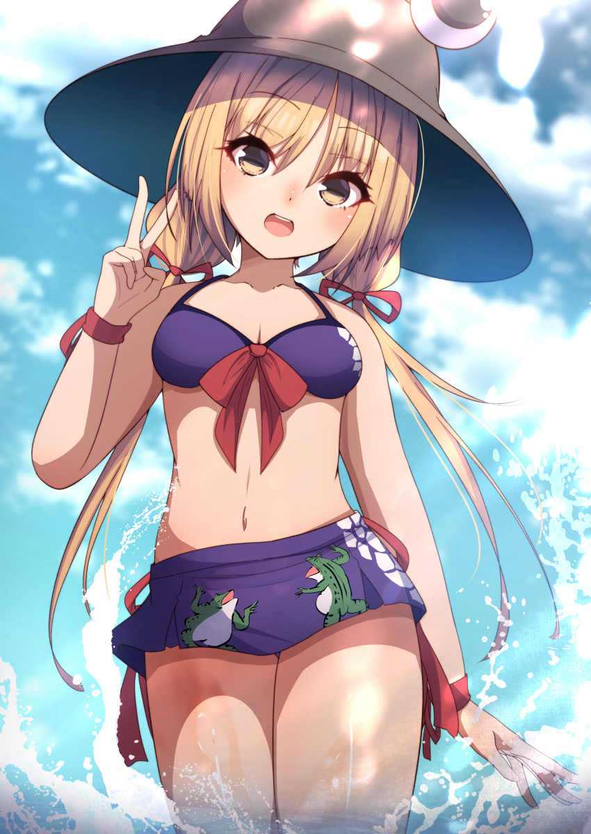 1girl absurdres adapted_costume bare_arms bare_legs bare_shoulders bikini blonde_hair blush brown_headwear collarbone cowboy_shot darumoon day eyebrows_visible_through_hair hair_ribbon hat highres long_hair moriya_suwako navel open_mouth purple_bikini red_ribbon ribbon smile solo swimsuit touhou tress_ribbon v yellow_eyes