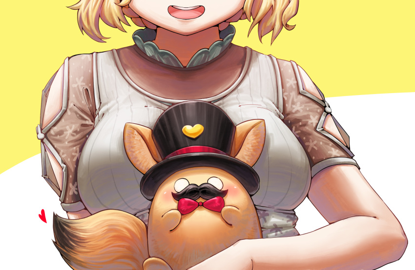 1girl blonde_hair bow breasts creature gooster hat head_out_of_frame highres holding holding_creature hololive large_breasts omaru_polka open_mouth red_bow shirt short_hair short_sleeves simple_background smile solo teeth top_hat upper_teeth virtual_youtuber white_shirt zain_(omaru_polka)