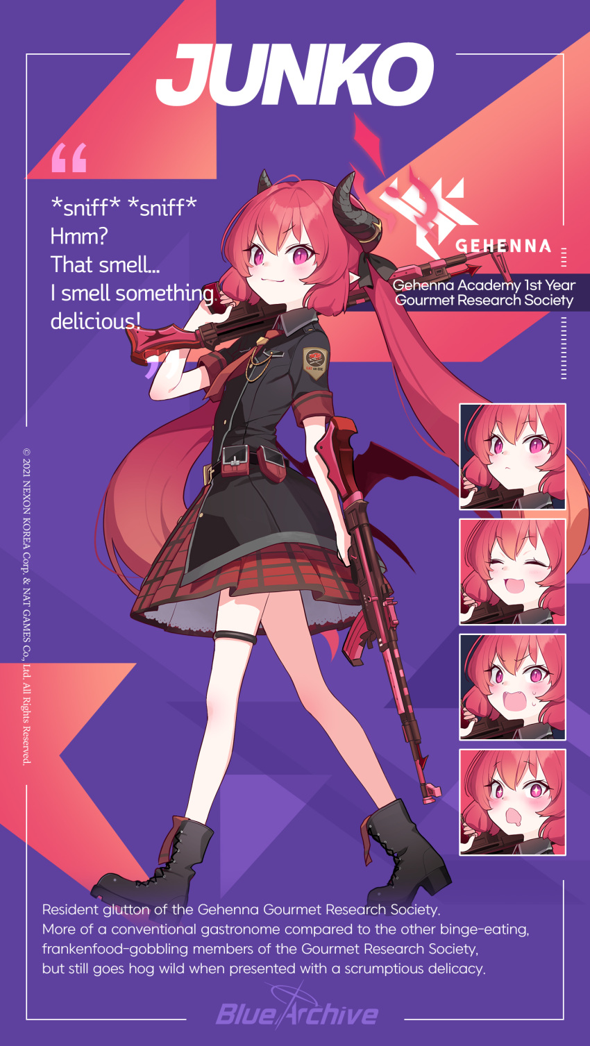 1girl absurdres assault_rifle blue_archive blush boots character_name character_sheet demon_girl demon_horns doremi dual_wielding emblem full_body gun halo highres holding horns junko_(blue_archive) long_hair necktie official_art over_shoulder pleated_skirt purple_eyes red_hair rifle school_uniform skirt solo stg44 twintails very_long_hair weapon weapon_over_shoulder