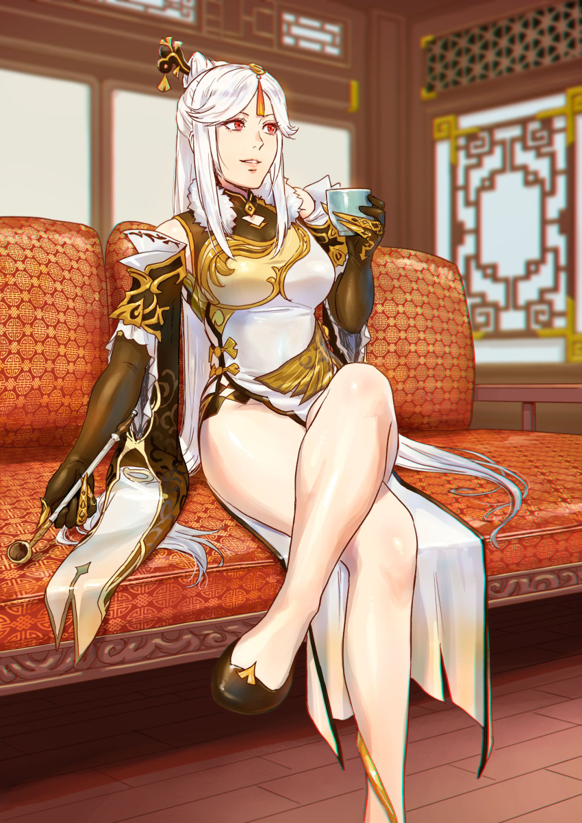 1girl azasuke black_gloves breasts china_dress chinese_clothes couch crossed_legs cup dress elbow_gloves finger_cots genshin_impact gloves hair_ornament hair_stick high_heels highres holding holding_cup holding_smoking_pipe kiseru large_breasts long_hair ningguang_(genshin_impact) parted_lips ponytail red_eyes smile smoking_pipe solo tassel white_dress white_hair