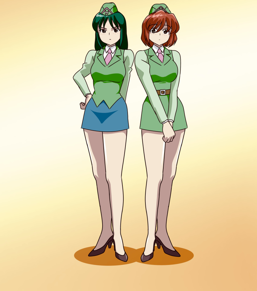 2girls absurdres agent_aika aika_(series) alternate_costume bangs belt blue_delmo blue_delmo_leader blue_skirt breasts brown_eyes brown_footwear commentary_request delmo_commander garrison_cap green_hair green_shirt green_skirt green_vest hand_on_hip hat high_heels highres kuroyoshi long_sleeves medium_breasts multiple_girls necktie pencil_skirt pink_necktie red_hair shirt short_hair skirt standing uniform vest vest_over_shirt white_delmo