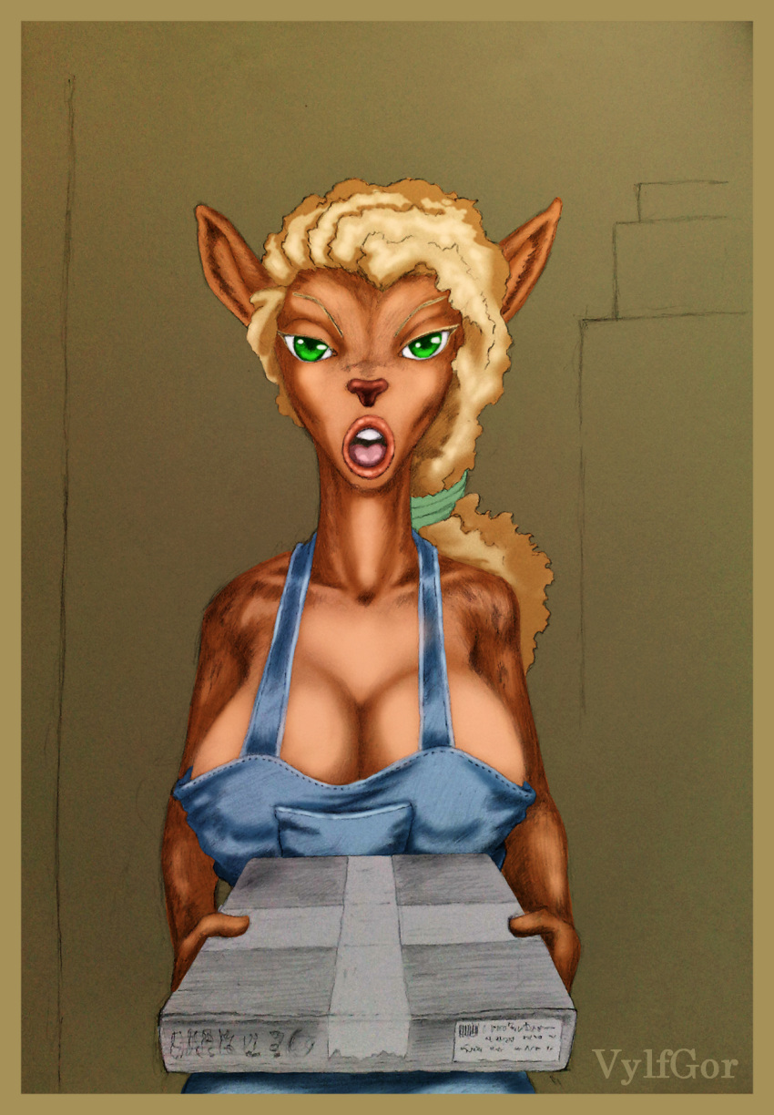 anthro apron big_breasts border breasts cervid clothing delivery_(commerce) female fur green_eyes hair hi_res humanoid long_hair looking_at_viewer mammal mature_female open_mouth package simple_background solo vylfgor
