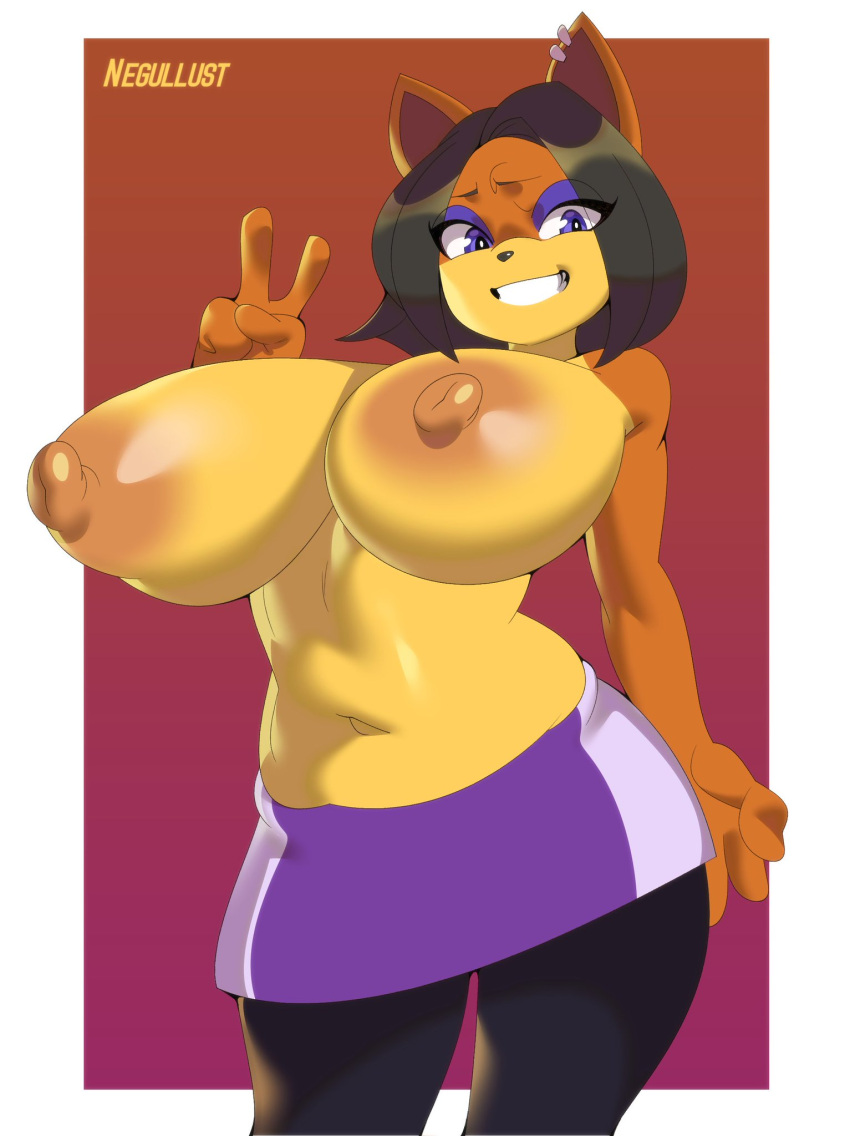 activision anthro bandicoot big_breasts breasts clothed clothing crash_bandicoot_(series) crash_team_racing_(series) ear_piercing eyeshadow female hair hi_res liz_bandicoot makeup mammal marsupial negullust piercing short_hair smile solo topless video_games