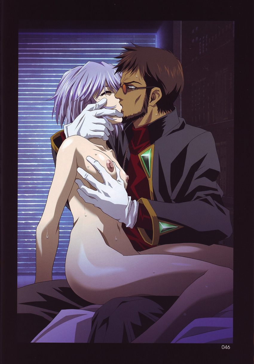 1girl age_difference ayanami_rei bed blue_hair breast_squeeze breasts clothed_male_nude_female highres ikari_gendou kawarajima_kou kiss medium_breasts neon_genesis_evangelion nude short_hair sitting sitting_on_lap sitting_on_person sweat