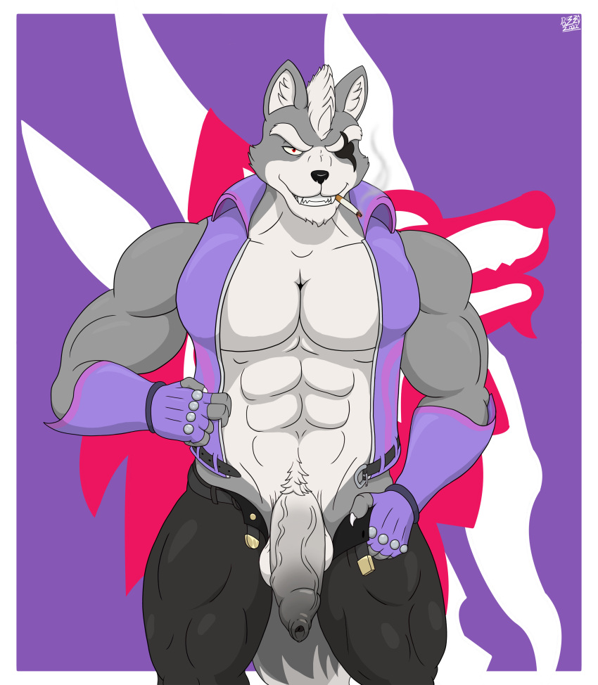 abs absurd_res anthro balls big_penis canid canine canis cigarette genitals hi_res looking_at_viewer male mammal muscular muscular_male nintendo pecs penis pizzaozzy_(artist) solo star_fox video_games wolf wolf_o'donnell