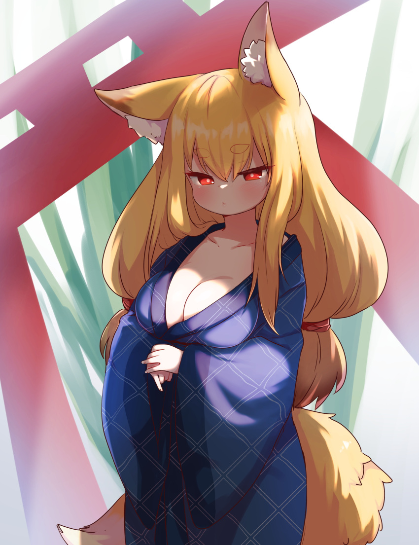 1girl absurdres animal_ear_fluff animal_ears blonde_hair blue_kimono blush breasts brown_eyes cleavage done_(donezumi) eyebrows_visible_through_hair fox_ears fox_girl fox_tail highres japanese_clothes kimono large_breasts long_hair low_twintails original outdoors own_hands_together solo tail torii twintails