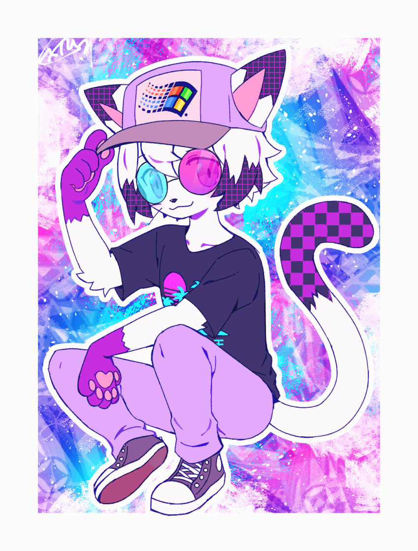 anthro clothing cute_eyes domestic_cat extyrannomon_(artist) eyewear felid feline felis footwear fur glasses hair hat headgear headwear hi_res luna_(drumxp) male male/male mammal microsoft microsoft_windows missing_texture neon pawpads paws purple_eyes shoes solo sunglasses vaporwave white_body white_fur windows_95