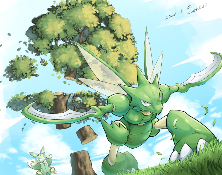 absurdres alternate_color closed_mouth cloud cutting dated day falling_leaves from_below grass highres katkichi leaf log lurantis no_humans outdoors pokemon pokemon_(creature) scyther shiny_pokemon signature sky smile tree