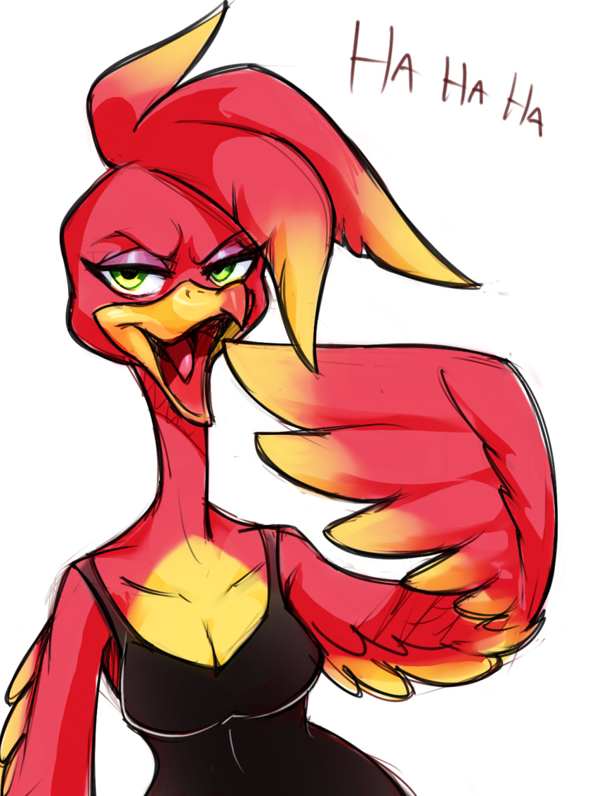 2021 anthro avian banjo-kazooie breegull clothed clothing english_text feathers female green_eyes hi_res kazooie laugh looking_at_viewer noupie open_mouth rareware red_body red_feathers simple_background solo text video_games wings