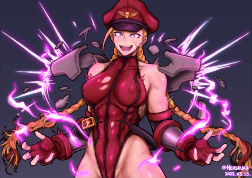 1girl armor aura biceps braid breasts broken_armor cammy_white cosplay covered_abs covered_navel covered_nipples crazy_eyes dated elbow_gloves english_commentary gloves hat hershuar highleg highleg_leotard large_breasts leotard long_hair muscular muscular_female official_alternate_costume open_mouth pauldrons peaked_cap red_gloves red_headwear red_leotard ribs scar scar_on_cheek scar_on_face shoulder_armor solo street_fighter street_fighter_iv_(series) torn_belt twin_braids vambraces vega vega_(cosplay) very_long_hair w_arms