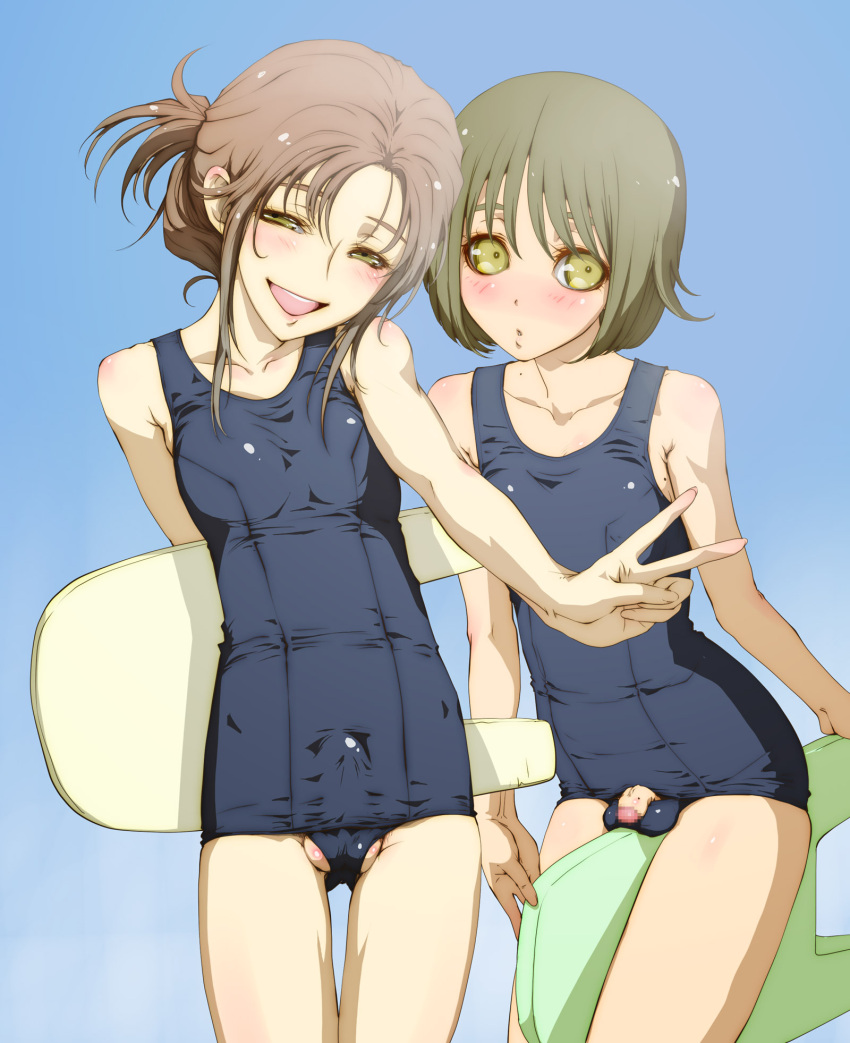 2boys :d bangs between_legs blush breasts brown_hair bulge censored cowboy_shot day folded_ponytail futanari gradient gradient_background half-closed_eyes highres holding kickboard light_green_hair mole mole_on_breast mosaic_censoring multiple_boys newhalf one-piece_swimsuit open_mouth original otoko_no_ko outdoors parted_bangs parted_lips penis penis_outside school_swimsuit short_hair sky small_breasts small_penis smile swimsuit tekuteku_(yuuhodou) testicles v yellow_eyes