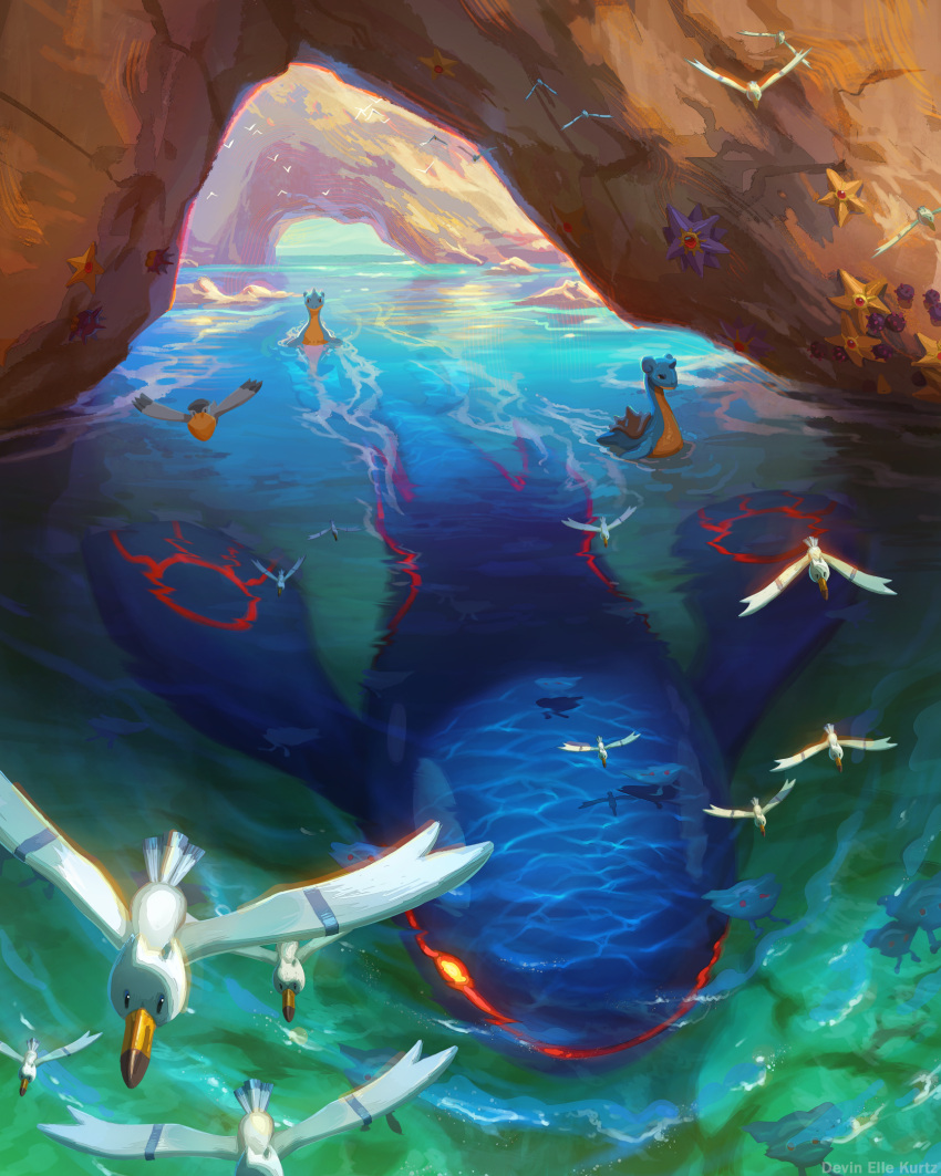 arch day devin_elle_kurtz flying highres kyogre lapras mantyke nature no_humans ocean outdoors pelipper pokemon pokemon_(creature) pyukumuku starmie staryu stone sunlight swimming water wingull