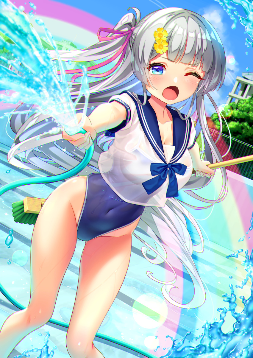 1girl absurdres bangs big_mouth blue_eyes blunt_bangs blush breasts broom cleavage covered_navel empty_pool flower grey_hair groin hair_flower hair_ornament hair_ribbon highleg highleg_swimsuit highres holding holding_broom holding_hose hose large_breasts long_hair moe2022 neck_ribbon one-piece_swimsuit one_eye_closed open_mouth original outdoors pool rainbow ribbon school_uniform see-through see-through_shirt serafuku shouting sky solo spraying summer swimsuit swimsuit_under_clothes tree two_side_up v-shaped_eyebrows very_long_hair water yoko-ya_manjirou