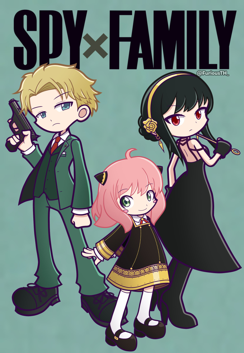 1boy 2girls absurdres ahoge anya_(spy_x_family) bangs black_dress black_footwear black_gloves black_hair blonde_hair blue_eyes blush closed_mouth copyright_name dagger dress earrings eden_academy_uniform english_commentary father_and_daughter female_child full_body furiousth gloves green_background green_eyes green_jacket green_pants green_vest gun highres holding holding_gun holding_weapon horn_ornament horns husband_and_wife jacket jewelry knife mother_and_daughter multiple_girls pants parody pink_hair puyopuyo red_eyes revolver school_uniform sidelocks simple_background sleeveless sleeveless_dress smile spy_x_family standing stiletto_(weapon) style_parody twilight_(spy_x_family) vest weapon yor_briar
