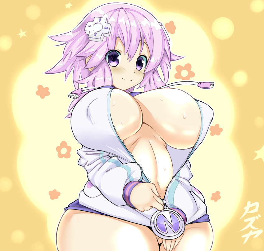 1girl absurdres alternate_breast_size blush breasts choujigen_game_neptune covered_nipples covering covering_crotch curvy d-pad d-pad_hair_ornament hair_ornament highres hood hoodie huge_breasts light_purple_hair light_smile naked_hoodie navel neptune_(neptune_series) neptune_(series) open_clothes open_hoodie purple_eyes short_hair sleeves_past_wrists solo sweat unzipped upper_body wide_hips zoey_kazuya