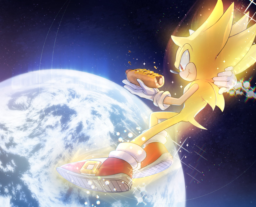 1boy cheese cheese_trail chili_dog earth_(planet) eating flying food furry furry_male gloves hand_on_back highres hot_dog looking_to_the_side male_focus nisibo25 planet pointy_ears red_eyes shoes sky smile solo sonic_(series) sonic_the_hedgehog space sparkle spiked_hair star_(sky) starry_sky super_sonic yellow_fur