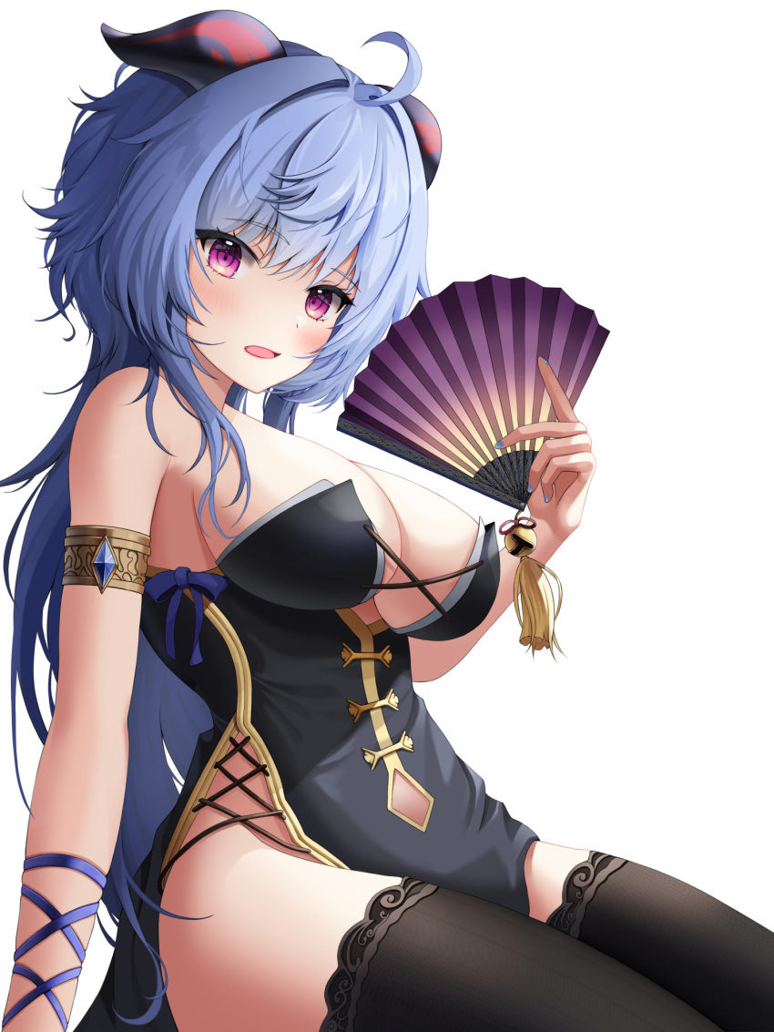 1girl ahoge alternate_costume arm_ribbon arm_support armlet bangs bare_shoulders bell black_dress black_legwear blue_bow blue_hair blue_nails blush bow breasts china_dress chinese_clothes cleavage curled_horns dress fingernails folding_fan ganyu_(genshin_impact) genshin_impact goat_horns gold_trim hand_fan highres holding holding_fan horns jingle_bell lace-trimmed_legwear lace_trim large_breasts long_hair looking_at_viewer low_ponytail messy_hair nersiyan open_mouth purple_eyes ribbon seiza sideboob sidelocks simple_background sitting skindentation solo tassel thighhighs white_background