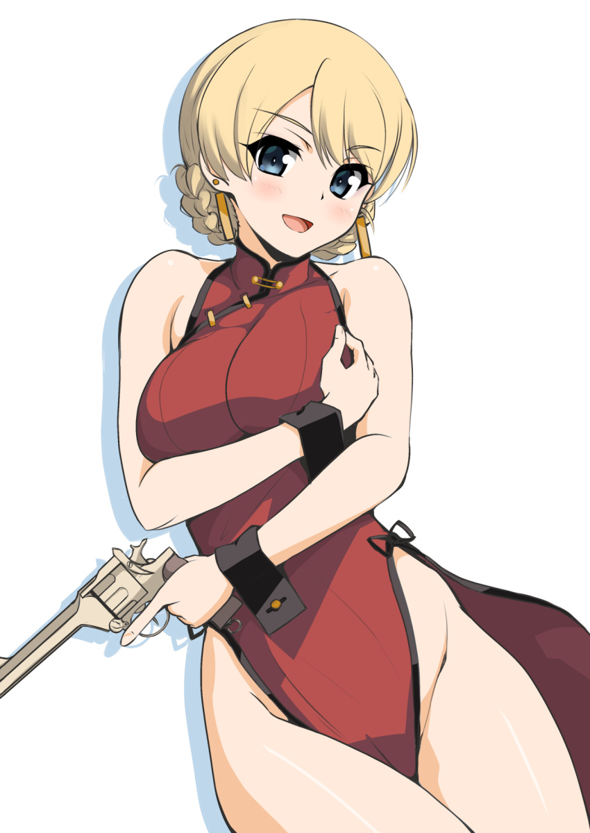 1girl aegis_(nerocc) blonde_hair blue_eyes blush breasts china_dress chinese_clothes darjeeling_(girls_und_panzer) dress earrings eyebrows_visible_through_hair girls_und_panzer groin gun highres holding holding_gun holding_weapon jewelry large_breasts looking_at_viewer open_mouth red_dress revolver short_hair sleeveless sleeveless_dress smile solo thighs weapon webley_revolver wrist_cuffs