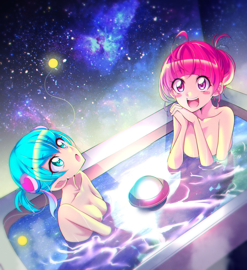 2girls :d :o ahoge bangs bare_shoulders bathtub blue_hair blunt_bangs breasts cleavage collarbone eyebrows_visible_through_hair green_eyes hagoromo_lala hair_between_eyes hair_ornament highres hoshina_hikaru looking_up medium_breasts mitsuki_tayura multiple_girls nude open_mouth own_hands_clasped own_hands_together partially_submerged precure red_eyes red_hair shared_bathing shiny shiny_hair short_hair sitting small_breasts smile star_twinkle_precure