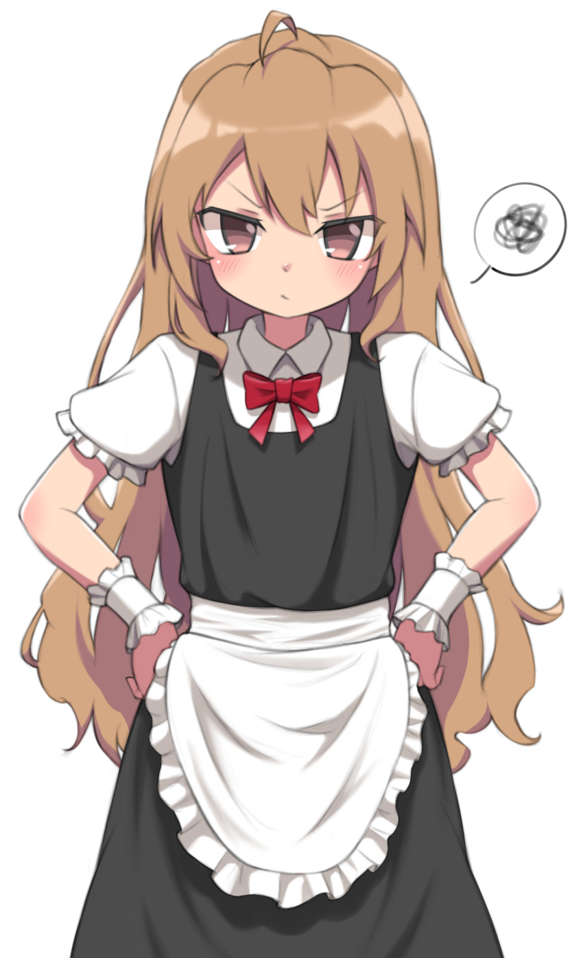 1girl absurdres ahoge aisaka_taiga alternate_costume apron bangs black_dress blush brown_eyes brown_hair closed_mouth commentary cowboy_shot dress enmaided frilled_apron frills hands_on_hips highres long_hair looking_at_viewer maid mooramango pout puffy_short_sleeves puffy_sleeves short_sleeves simple_background solo spoken_squiggle squiggle standing toradora! v-shaped_eyebrows very_long_hair waist_apron white_apron white_background