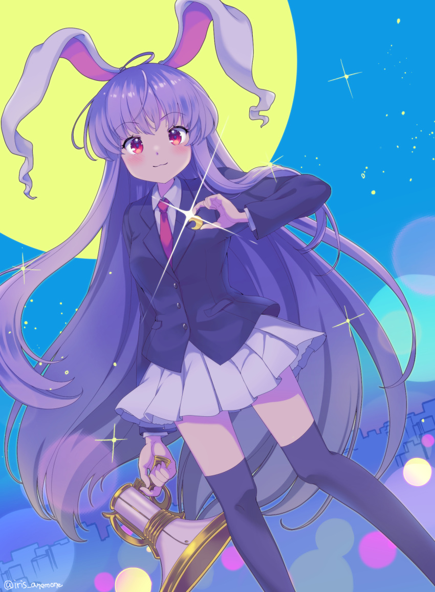 1girl :3 ahoge animal_ears bangs black_legwear blush breasts buttons collared_shirt commentary_request crescent crescent_pin full_moon gun highres holding holding_gun holding_weapon iris_anemone long_hair long_sleeves looking_at_viewer lunatic_gun medium_breasts miniskirt moon necktie pleated_skirt purple_hair rabbit_ears red_eyes red_necktie reisen_udongein_inaba shirt sidelocks skirt smile sparkle suit_jacket thighhighs touhou twitter_username weapon white_skirt