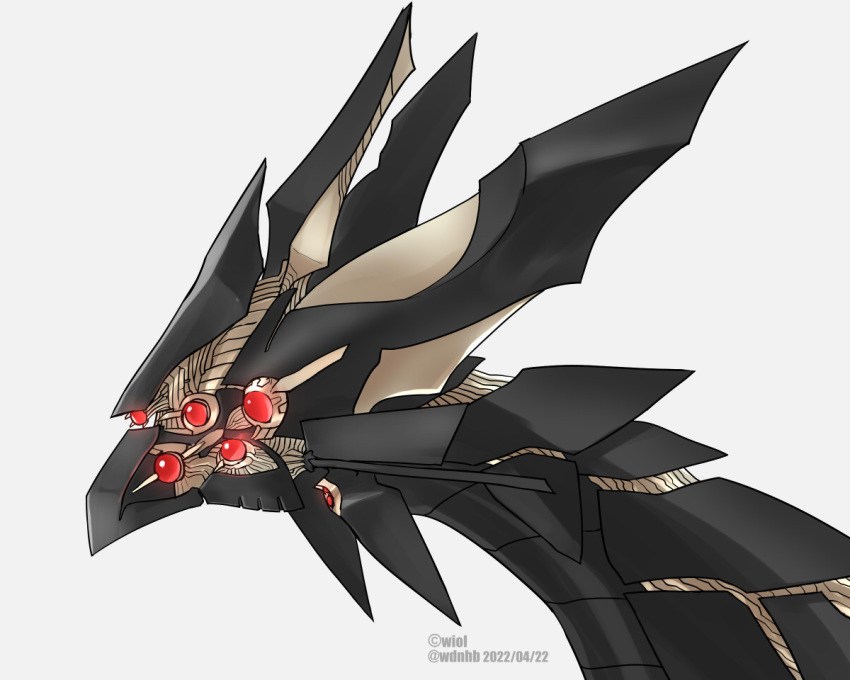 dragon face glowing glowing_eyes grey_background mecha mechanical mechanical_dragon no_humans original profile red_eyes robot simple_background upper_body wiol_(warm_haut)