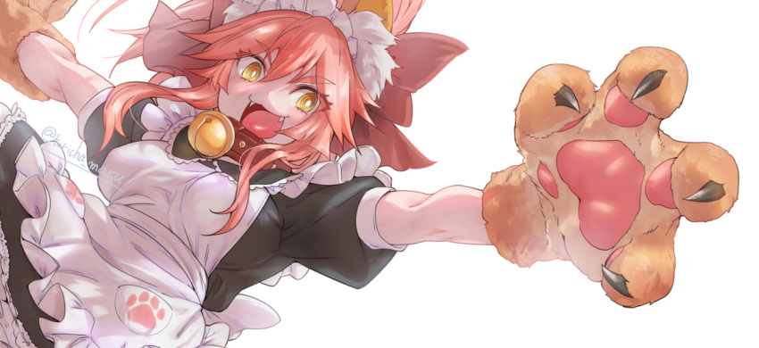 1girl animal_ear_fluff animal_ears animal_hands apron bangs bell black_dress blush bow breasts collar dress fangs fate/extra fate/grand_order fate_(series) fox_ears fox_girl frills gloves hair_between_eyes hair_bow jingle_bell large_breasts long_hair looking_at_viewer neck_bell open_mouth outstretched_arm paw_gloves pink_hair ponytail puffy_short_sleeves puffy_sleeves red_bow short_sleeves sidelocks smile solo tamamo_(fate) tamamo_cat_(fate) tamamo_cat_(second_ascension)_(fate) torichamaru white_apron yellow_eyes