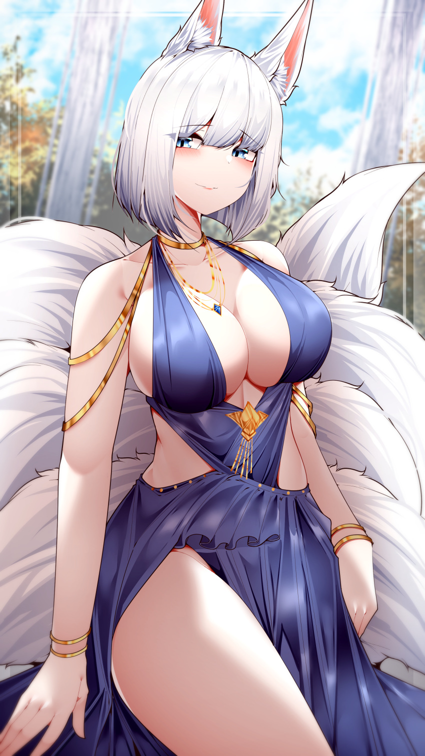 1girl absurdres animal_ear_fluff animal_ears azur_lane bangs blue_dress blurry blurry_background blush bracelet breasts cleavage closed_mouth commentary_request dress eyebrows_visible_through_hair eyeshadow fox_ears fox_tail highres jewelry kaga_(azur_lane) kaga_(exalted_white_wings)_(azur_lane) large_breasts looking_at_viewer makeup official_alternate_costume samip smile tail thighs tree white_hair