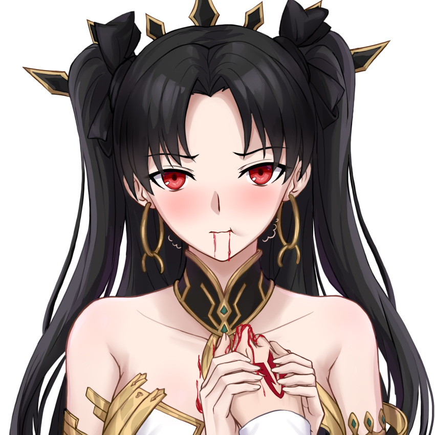 1boy 1girl bangs black_bow black_hair blood blush bow breasts cannibalism chinese_commentary commentary_request earrings eating eyebrows_visible_through_hair fate/grand_order fate_(series) fujimaru_ritsuka_(male) hair_bow highres holding_hands hoop_earrings ishtar_(fate) jewelry large_breasts long_hair looking_at_viewer parted_bangs pov red_eyes simple_background solo_focus two_side_up upper_body white_background yeklsa