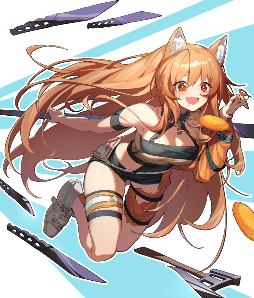 1girl :d absurdres animal_ear_fluff animal_ears arknights armband axe bangs bare_arms bare_shoulders breasts ceobe_(arknights) ceobe_(summer_flowers)_(arknights) cleavage fang highres infection_monitor_(arknights) knife long_hair medium_breasts mo_ying_yu official_alternate_costume open_mouth orange_hair red_eyes shoes skin_fang smile sneakers solo thigh_strap thighs very_long_hair weapon