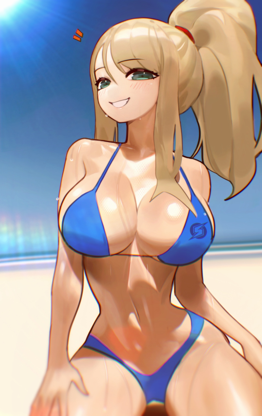 1girl absurdres bangs beach bikini blonde_hair blue_bikini blush breasts cleavage cookiedusty eyebrows_visible_through_hair green_eyes grin high_ponytail highres large_breasts lens_flare long_hair looking_at_viewer metroid mole mole_under_mouth outdoors ponytail samus_aran shiny shiny_skin simple_background smile solo swimsuit