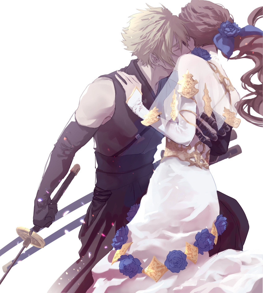 1boy 1girl aerith_gainsborough arm_around_back backless_dress backless_outfit black_gloves black_pants black_shirt blonde_hair blue_flower blue_rose breasts brown_hair closed_eyes cloud_strife couple demi_co detached_sleeves dress earrings face_in_neck final_fantasy final_fantasy_vii final_fantasy_vii_ever_crisis final_fantasy_vii_remake flower gloves hair_between_eyes hair_flower hair_ornament hair_ribbon hand_on_another's_shoulder highres holding holding_sword holding_weapon jewelry katana long_dress long_hair low_ponytail medium_breasts multiple_swords official_alternate_costume pants ribbon rose see-through shirt short_hair single_earring sleeveless sleeveless_shirt spiked_hair sword upper_body wavy_hair weapon white_background white_dress